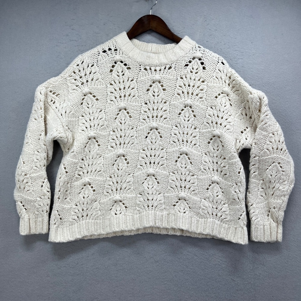 Aerie Sweater Womens M Ivory Open Knit Crochet Pointelle Boho Coastal Pullover